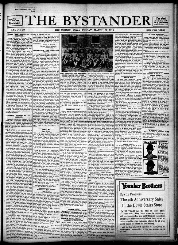 Contents include but are not limited to three Black men appointed as Federal Field Representatives for Southern agricultural extension, Department of Labor reports 1916-1917 Black migration to North up to hundreds of thousands, Iowa officers return from France, Des Moines Y.M.C.A. starts $6,000 drive for Black people, and other topics.