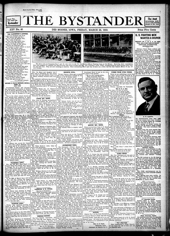 Contents include but are not limited to poem reflecting on life beyond death, Muscatine's Bethel A.M.E. Church celebrates 71st anniversary, YMCA report reveals millions of soldiers attended religious services and activities, WWI soldier writes poems home about returning to America, local news about returning soldiers, social gatherings, and other topics.