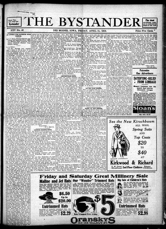 Contents include but are not limited to N. C. Bruce urges Black self-sufficiency and patience for true progress, Council Bluffs Black churches active, with meetings, choir practices, and building efforts, local Iowa news, stories of Black WWI soldiers compiled by Lillian Smith, and other topics.