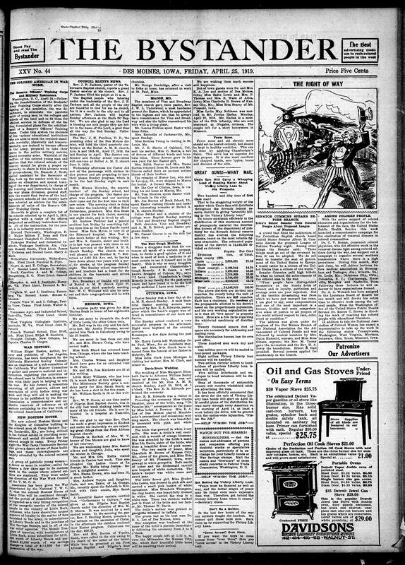 Contents include but are not limited to Reserve Officers' Training Corps Established at Black Colleges, Los Angeles author to document California's WWI Black Contributions, Council Bluffs Black A.M.E. Churches active, massive mail campaign for victory liberty loan, Senator Cummins addresses Des Moines Black community, public health campaign targets venereal diseases in Black communities, and other topics.