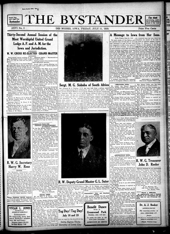 Contents include but are not limited to 32nd annual meeting of a Freemasonry group in Iowa, message to the people of Iowa from a First Lieutenant, story of an African soldier, church visit report, women health news, message regarding Sunday School, and other topics.