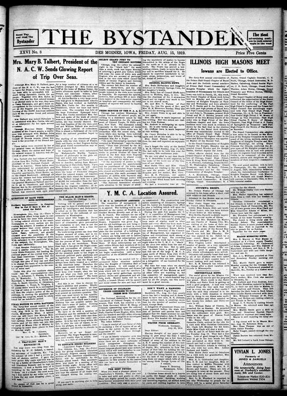 Contents include but are not limited to Mary B. Talbert reports successful, impactful European tour, Grand jury selected to try Chicago riot participants, NAACP condemns Chicago's unequal indictments after riots, Illinois High Masons meet, Southern representation threatened if Black citizens are denied vote, and other topics.