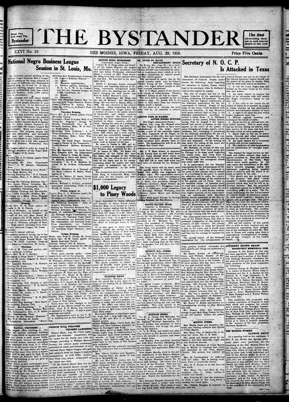 Contents include but are not limited to National Negro Business League holds successful St. Louis session, news editor murdered by secretary St. Louis to open Black-owned department store, NAACP Secretary John Shillady attacked in Austin, Texas, and other topics.