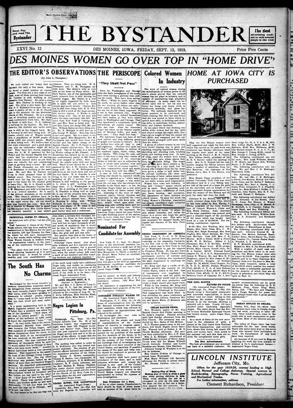Contents include but are not limited to news editor observes Iowa Black communities, Black self-defense rising after riots, Black women proved capable, but underpaid, in industrial work, Iowa City home purchased for university girls, Liberian President-elect King arrives in U.S., and other topics.