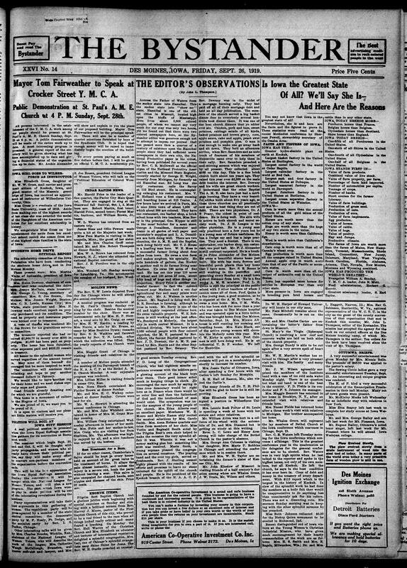 Contents include but are not limited to announcement of YMCA public demonstration for fundraising, reasons why Iowa is the greatest state, more news editor observations about Black communities, Iowa Federation's student home drive reports financial success, political session regarding equal suffrage in Boone, and other topics.