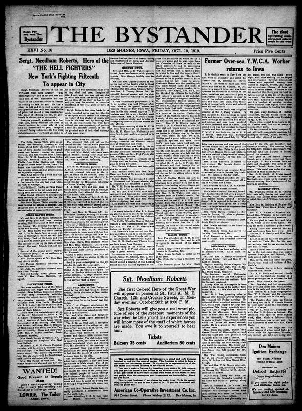 Contents include but are not limited to Sergeant Needham Roberts, "Hell Fighter" hero, to speak in Des Moines, YMCA worker returns to Iowa from France, Keokuk News highlights community activity and anti-lynching efforts, Ames welcomes college students with reception and new club, and other topics.