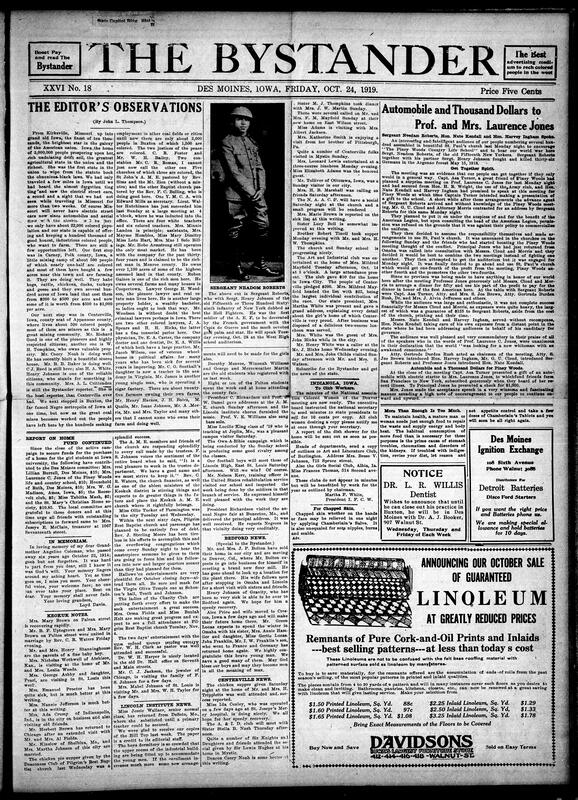 Contents include but are not limited to more news editor observations and praise about Black communities in the Midwest, community gathering and fundraising for Piney Woods faculty, donations continue for Iowa University Black girls home, local news, “Hell Fighter” hero Neadom Roberts to speak at West High School, and other topics.