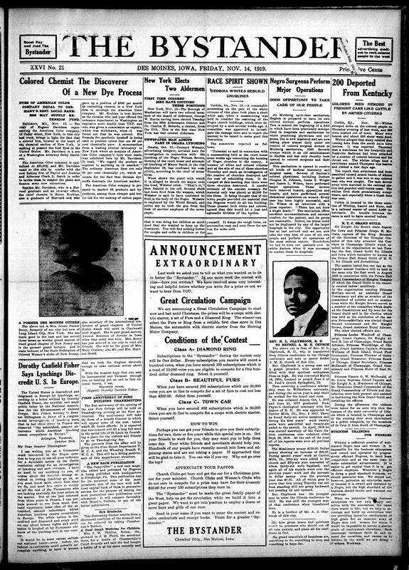 Contents include but are not limited to Black chemist discovers new better dyeing process, New York elects first two Black Aldermen, newspaper man confesses role in Omaha lynching, Georgia White citizens raise funds to rebuild destroyed Black churches, 200 Black men deported from Corbin, Kentucky after alleged attacks, and other topics.