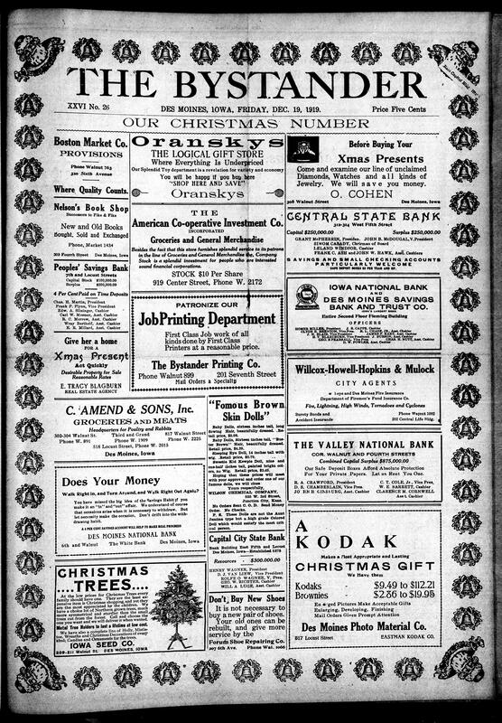 Contents include but are not limited to Christmas present advertisements, Bank advertisements, food advertisements, Albia A.M.E. Church implements "Honor Roll" fundraising plan, and other topics.