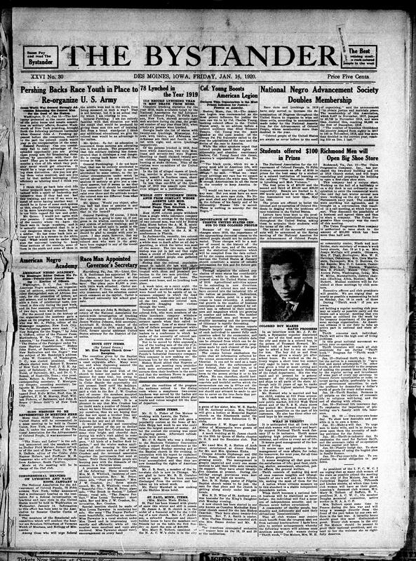 Contents include but are not limited to General Pershing supports the training of Black youth, record lynching amount in 1919, 16000 Black people boycott white insurance company due to lynching, NAACP membership doubles due to race issues, and other topics.