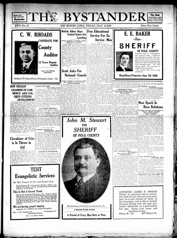Contents include but are not limited to announcements for candidates for government and sheriff positions along with some messages, British editor Horatio Bottomley condemns US lynching’s in open letter, NAACP announces YMCA scholarships for Black ex-service men, NAACP's 11th annual conference in Atlanta to potentially mark new era in race relations, and other topics.