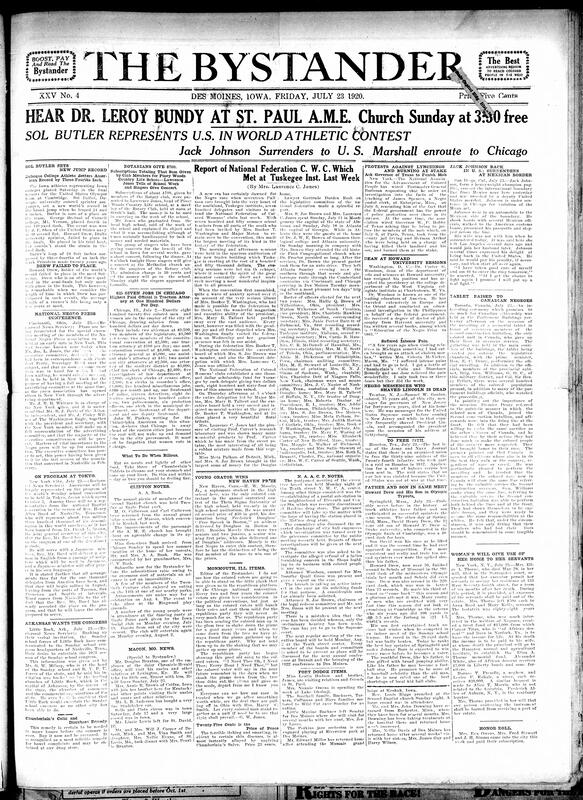 Contents include but are not limited to new Olympic jump record set by Sol Butler, planned Black press conference at New York, protests against lynching’s, boxer Jack Johnson surrenders to U.S. Marshall, Black barber Samuel W. Gordon who shaved President Lincoln frequently dies, and other topics.