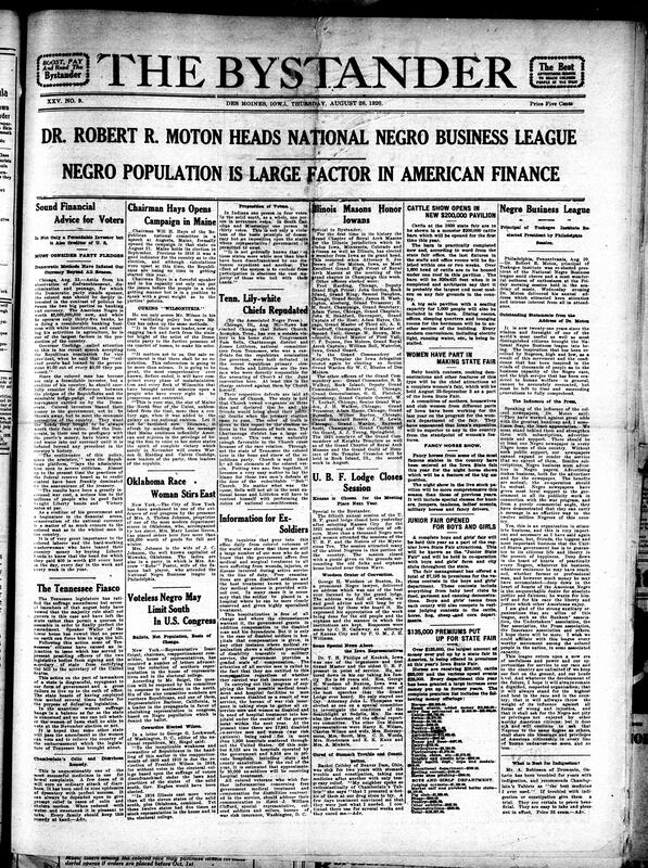 Contents include but are not limited to a message for Black people to support the republican party for their “sound pledges”, Dr. Moton once again re-elected as head president of the Black business league, information that the government offers compensation for injured soldiers, republican chairman opens campaign criticizing Democrat policies, and other topics.