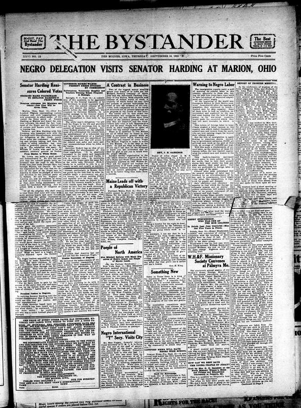 Contents include but are not limited to at the time Senator Harding appealing to Black voters claiming equal rights if he wins, contrasts between Black-owned businesses and other ones, Republican party wins in Maine, new school for Black people built in Newport News, warning to those moving north for labor, and other topics.