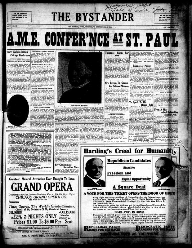 Contents include but are not limited to A.M.E. church conference in Chicago, advertisement rooting for the Republican party to win the upcoming presidential elections, Tuskegee Institute begins session, call for Black women gathering in Des Moines to support Senator Harding, and other topics.