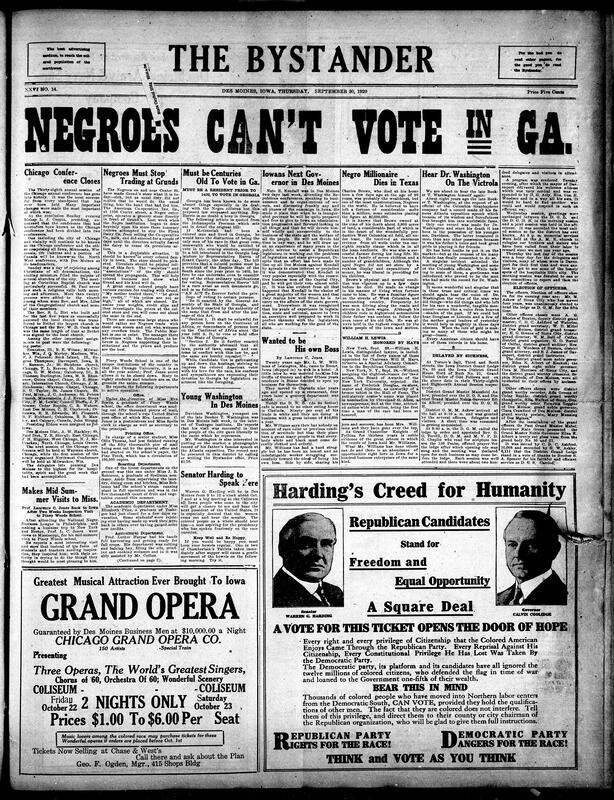 Contents include but are not limited to absurd Georgia law preventing Black voters, Iowan Governor Kendall in Des Moines, a call for Black people to boycott against local store Grunds, Black millionaire in Texas dies, presidential elections advertisement, and other topics.