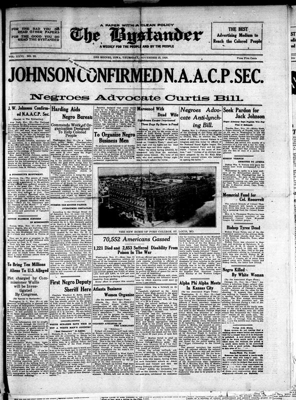 Contents include but are not limited to N.A.A.C.P. confirmation of lynching’s, President Harding shows support towards the Black population, advocation for an anti-lynching bill, first Black deputy in Iowa elected, alleged plot to bring in ten million immigrants into the U.S., seventy thousand American soldiers gassed in war, and other topics.