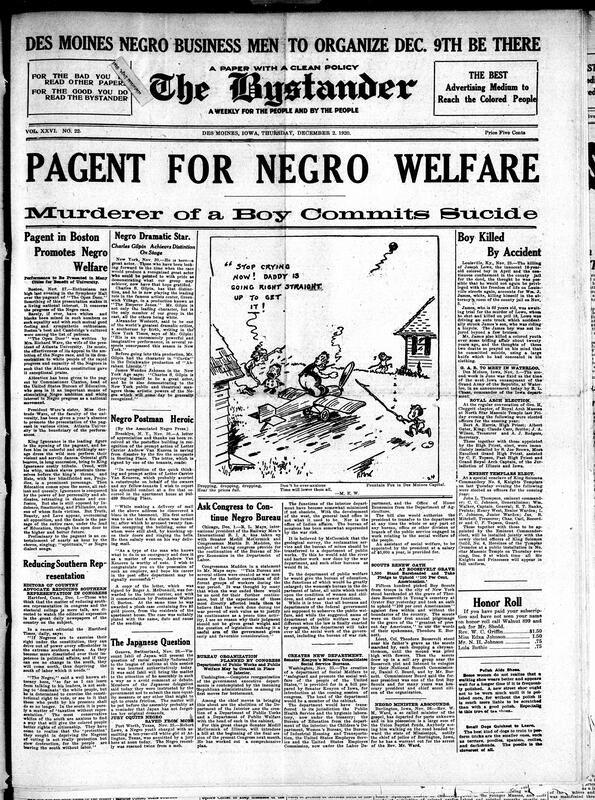 Contents include but are not limited to Boston pageant promoting support for Black people, Charles Gilpin’s acting earns him distinction, suicide of a man who killed a Black boy, Black postman rewarded for his heroic deeds in a fire, advocation for the less congressional power in the South, and other topics.
