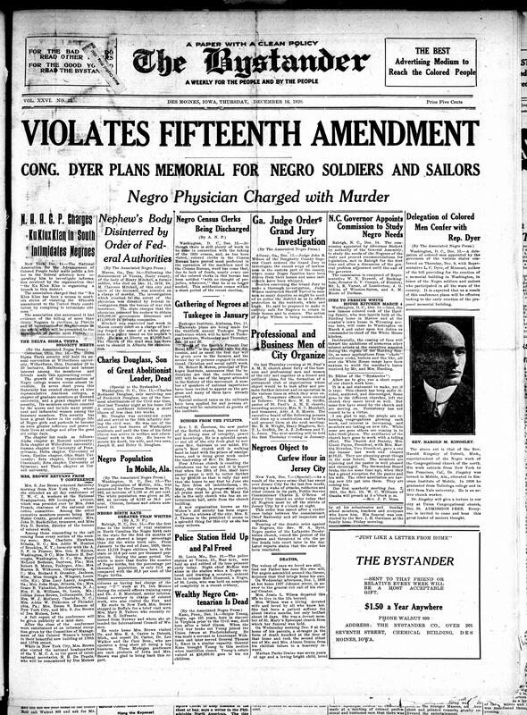 Contents include but are not limited to N.A.A.C.P. calls for investigation on Ku Klux Klan for conspiring to violate the Fifteenth Amendment, memorial building planned for Black soldiers, physician who poisoned his nephew to claim their insurance arrested, Charles Douglass, son of Frederick Douglass, dies due to illness, and other topics.