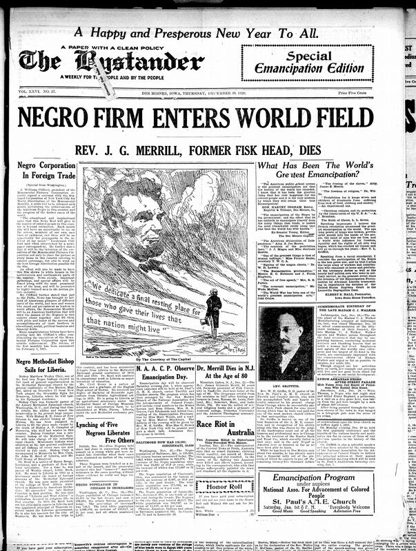 Contents include but are not limited to Black business achieves global trade deal, former Fisk University president dies in Iowa, race riot by Japanese in Australia, thoughts on what has been the greatest emancipation, lynching reports, census shows Black population in Chicago increased more than any other, and other topics.