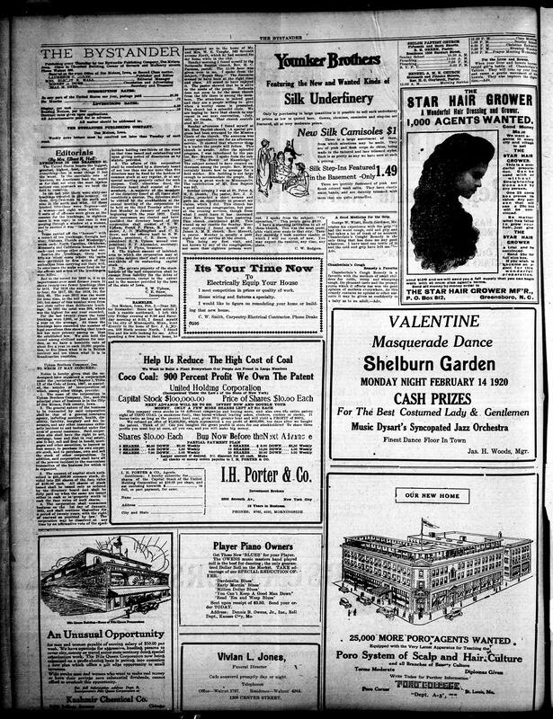 Contents include but are not limited to advertisements for hair products, furniture sales, job postings, coal company shares, insurance company advertising, lynchings reported in the US, and other topics.