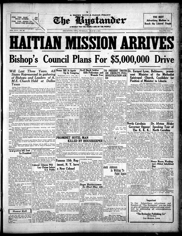 Contents include but are not limited to a call for help from the ex-Haitian minister to the US to investigate the current military occupation of Haiti, Bishops calling for a five million dollar increase to help church growth, a bill about war loans for veteran compensation, North Carolina government announcing it’s opposition to the Ku Klux Klan and other topics.