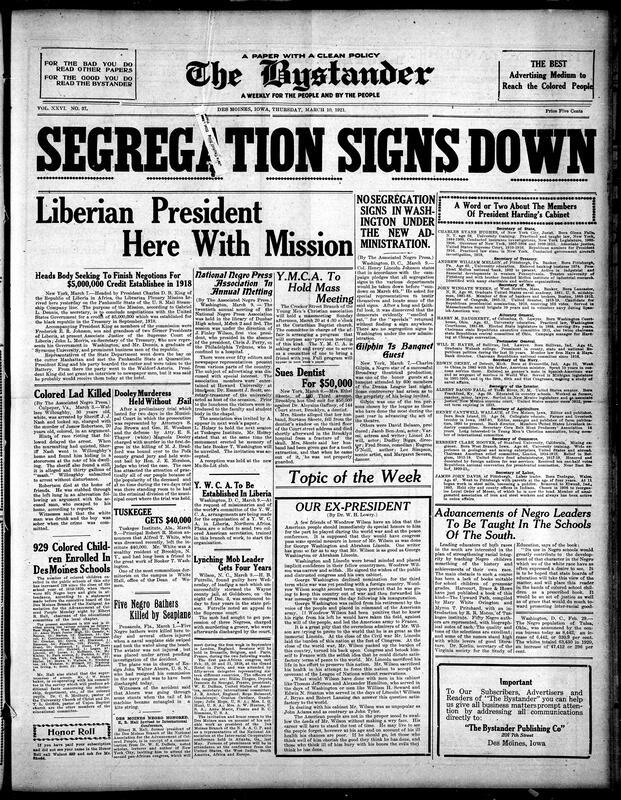 Contents include but are not limited to the announcement of the official removal of segregation signs in Washington, D.C., 17th president of Liberia seeking to finalize $5 million U.S. credit deal, information about the members of the cabinet under President Harding, a critique of President Wilson’s leadership compared to Washington and Lincoln, and other topics.