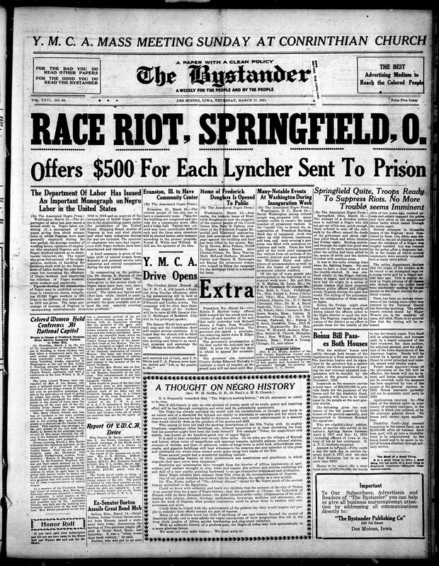 Contents include but are not limited to race riots in Springfield, Ohio, events that happened during the inauguration of President Harding, bounty on lynchers, release of Monograph on the labor of Black people in the US, Black women leaders convening in Washington, D.C., for political organizing, and other topics.
