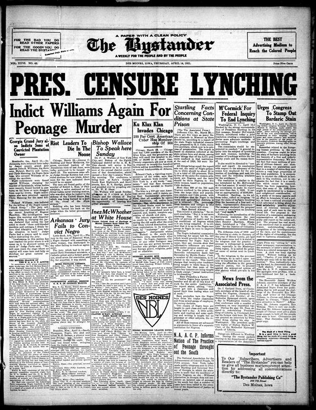 Contents include but are not limited to the conviction decision of the suspects involved in the Atlanta, Georgia, murder case reported in the March 31, 1921 paper, Ku Klux Klan invasion of Chicago, lynching reports, proposition of a federal commission to investigate and prevent lynching, and other topics.