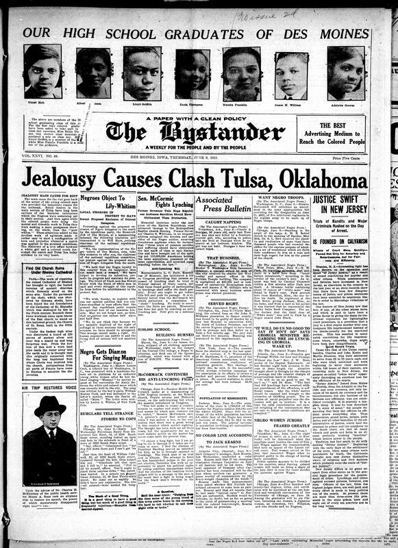 Contents include but are not limited to a riot started in Tulsa, Oklahoma reportedly caused by jealously, Black protest against their proposed exclusion of becoming delegates in the south due to Lily-Whitism, report of bill to allow creation of an army composed of Black people, crimes in New Jersey, the introduction of an Anti-Lynching bill in Missouri, and other topics.