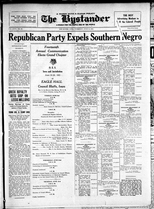 Contents include but are not limited to republican leaders backing southern Black disfranchisement, announcement of annual Communication Electa Grand Chapter in Iowa, Insurance Companies in Iowa, and other topics.