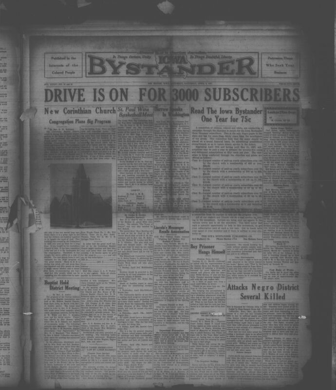 Contents include but are not limited to Bystander looking for 3000 subscribers, New Corinthian church, St. Paul wins basketball meet, Boy prisoner hangs himself, Several killed in negro district attack, Darrow speaks in Washington, and other topics.
