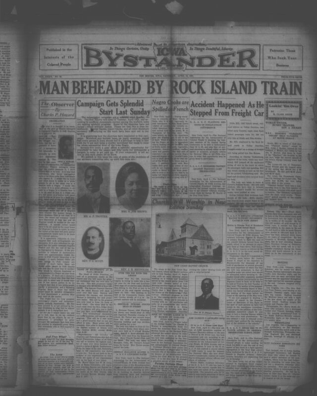 Contents include but are not limited to Man beheaded by Rock Island train accident, Campaign gets splendid start last Sunday, Negro cooks are spilled as French, Church will worship in new editice Sunday, Segregation in theaters, and other topics.