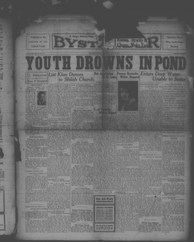 Contents include but are not limited to Youth drowns in pond, list klan donors to Shiloh church, Bar association to St. Louis, Former bystander writer is honored, Sheriff honored for saving prisoner, work on Pynthian temple in Pittsburgh started, and other topics.
