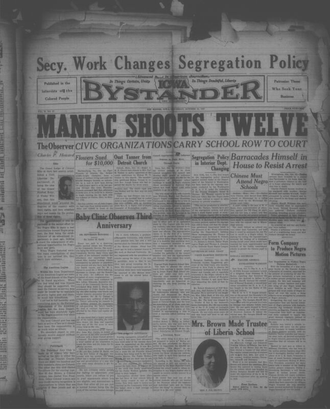 Contents include but are not limited to pianist Secretary work changes segregation policy, Maniac shoots twelve, Civic organizations carry school row to court, Flowers sued for $10,000, Baby clinic observes third anniversary, Segregation Policy in Interior Dept. Changing, Form Company to Produce Negro Motion Pictures, Mrs. Brown Made Trustee of Liberia School, and other topics.