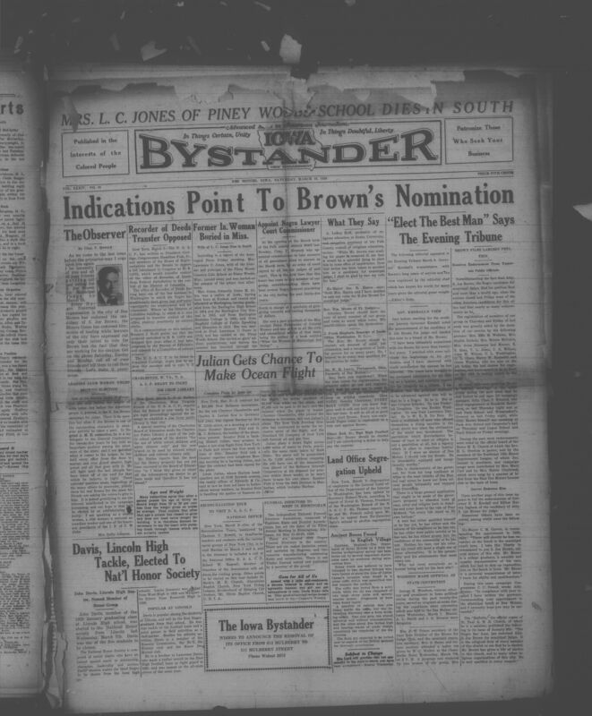 Contents include but are not limited to judicial candidate S. Joe Brown files largest petition and gains endorsements, Governor Kendall endorses judicial candidate Brown and urges race-blind voting, Grace M. Allen Jones (Piney Woods School educator) passes away, Senator Feld financially backs aviator Hubert Julian for Paris flight, NAACP opposes bill transferring Recorder of Deeds to local control, and other topics.