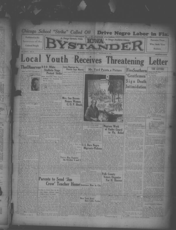 Contents include but are not limited to Southern white supremacists send death threat letters to Black journalist, Black refugees forced into labor following Florida hurricane disaster, white students strike against integration at Chicago high school, California community boycotts and rejects teacher for Jim Crow school, Polk County Black voters organize for Herbert Hoover campaign, and other topics.