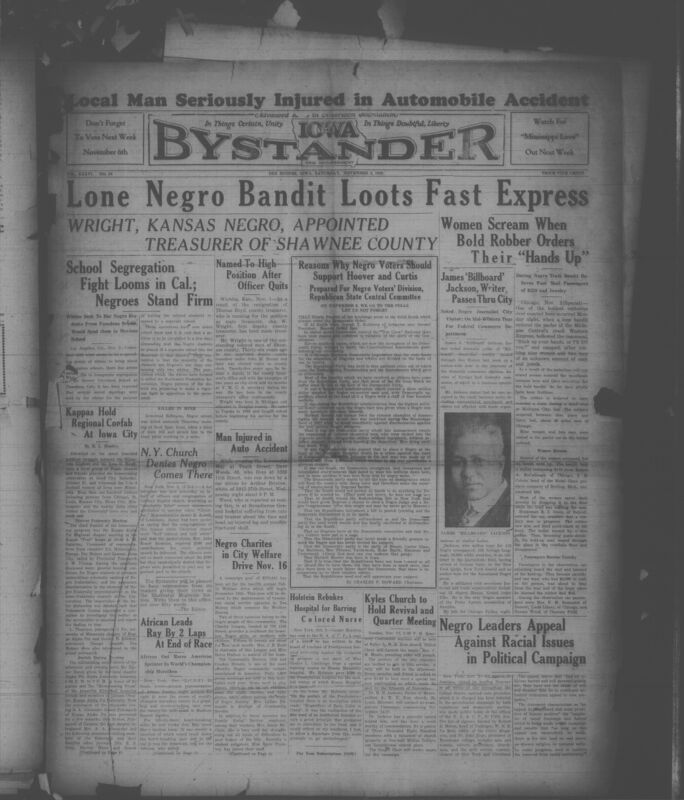 Contents include but are not limited to lone armed bandit robs passengers on Michigan Central Western Express, reasons African Americans should support the Republican presidential ticket outlined, white residents attempt to segregate Black students in Pasadena school, noted journalist James Albert Jackson visits city during federal commerce tour, Caspar Holstein protests hospital excluding Black nurse from training course, Black leaders appeal against race prejudice in the presidential campaign, and other topics.