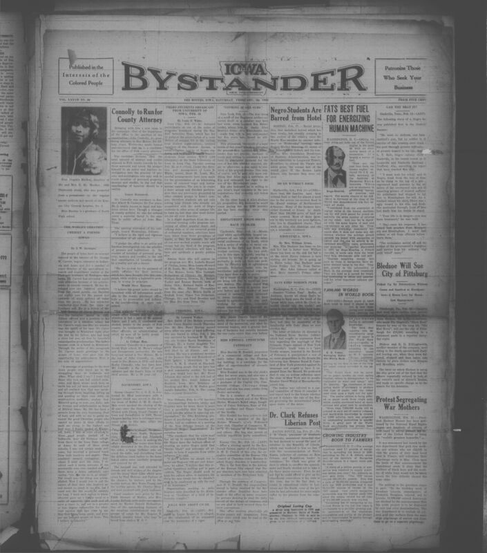 Contents include but are not limited to Connolly to run for county attorney, negro students are barred from hotel, NEGRO STUDENTS BROADCAST FROM UNIVERSITY OF IOWA, FEB 25, Bledsoe will sue city of Pitsburg, THE WORLD'S GREATEST CHEMIST A FORMER IOWAN, and other topics. 