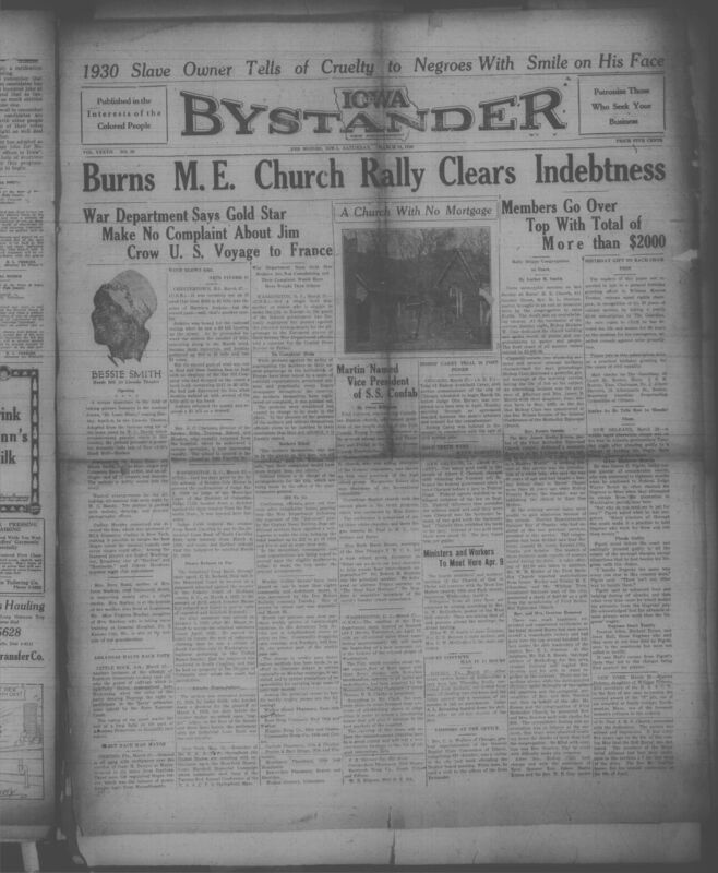Contents include but are not limited to Burns ME church rally clears indebtedness, 1930 slave owner tells of cruelty to negroes with a smile on his face, War department says gold star make no complaints about Jim Crow US voyage to France, Martin named vice President of SS Confab, Arkansas halts race vote, and other topics. 