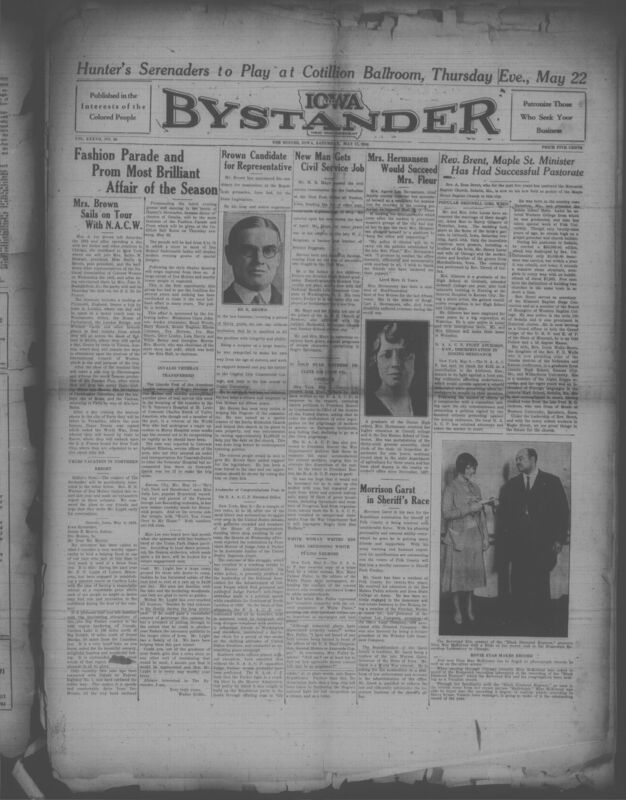 Contents include but are not limited to MCT show is a success, Brown candidate for representative, New man gets civil service job, Dr and Mrs. Dobson broadcast Sunday, Gale Adams leads contest, Iowa senator opposes Parker, Fashion parade and prom most brilliant affair of the season, Mrs. Brown sails on tour with NACW, and other topics. 