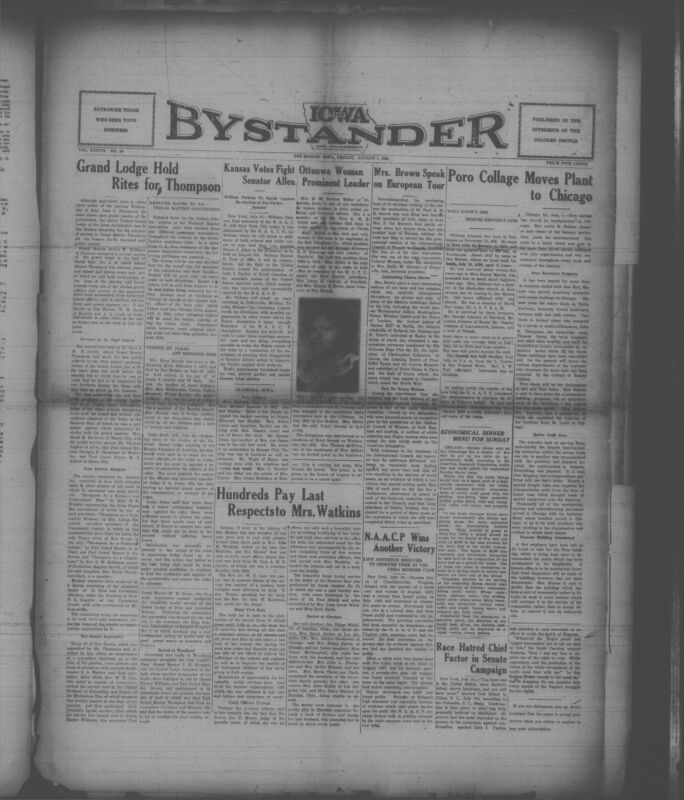 Contents include but are not limited to Grand Lodge Rites for Thompson funeral tribute, Reduced Rates to National Baptist Convention travel notice, Pickens Opposes Pro Parker Senator NAACP campaign, Mrs Brown European Tour report, Poro College Moves Plant relocation news, Former Mt Pleasant Resident Dies obituary, Hundreds Honor Mrs Watkins community funeral, and other topics. 
