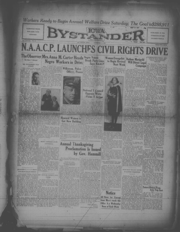Contents include but are not limited to Ingwersen feared backlash so benched Iowa’s Negro tackle, NAACP organizes workers for major welfare drive, Negro voters cross party lines to defeat anti‑civil‑rights senators, Officer Wilkinson dies after long service, National YMCA challenges discriminatory White Plains policy, Young evangelist begins revival to boost youth faith work, Margold hired to launch nationwide legal fight for Negro civil rights, Howard University builds new women’s dorms for better housing, Governor Hammill issues statewide Thanksgiving call, Churches unite for citywide Thanksgiving services, New U.S. minister to Liberia honored for service, West Virginia State College gains major national academic recognition, and other topics. 

