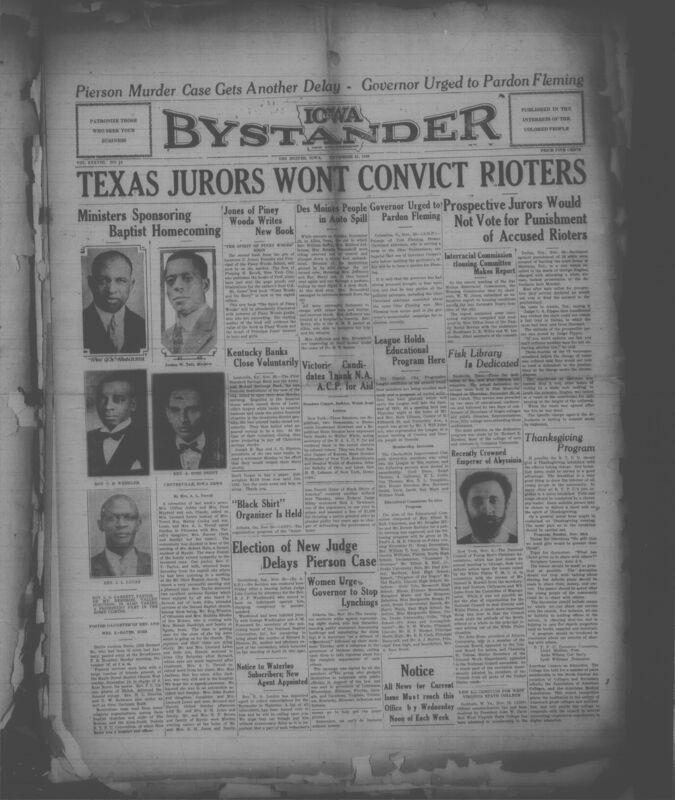 Contents include but are not limited to Pierson murder case delayed as women urge governor to stop lynchings, Governor pressed to pardon Tom Fleming in Ohio political case, Ministers organize major Baptist homecoming event, New book highlights success of Piney Woods graduates, Daughter of Rev. Bates dies after long illness, Kentucky’s two Black banks close voluntarily to prevent financial panic, Federal judge jails Black Shirt organizer for violating parole, and other topics. 
