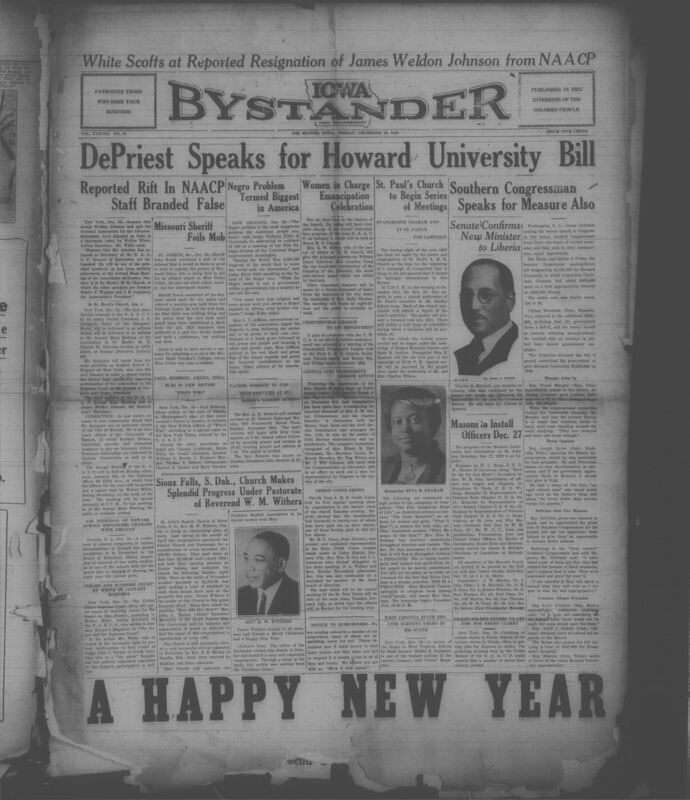 Contents include but are not limited to Rumors denied about James Weldon Johnson resigning from NAACP, NAACP leaders to deliver major New Year messages, Missouri sheriff stops mob from seizing murder suspect, Paul Robeson included in new British Who’s Who, Clergy seek removal of Newark school workers accused of assaulting girls, Judge Klein urges action for a future Negro republic in Africa, Sioux Falls church reports major financial progress, Walter White writes on Supreme Court as path to justice for Negro Americans, and other topics. 