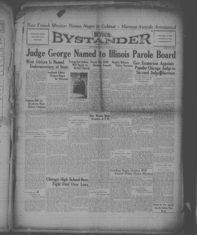 Contents include but are not limited to French minister appoints Blaise Diagne to high government post showing progress for Africans in France, Bill introduced in Congress to pension former enslaved people seeking justice for survivors, Editorial praises Rev. John H. Charlton’s rescue highlighting Black heroism, NAACP blocked from filing brief in Prohibition case while defending constitutional amendments protecting Black rights, Chicago students’ gunfight injures seven stressing youth violence concerns, and other topics. 