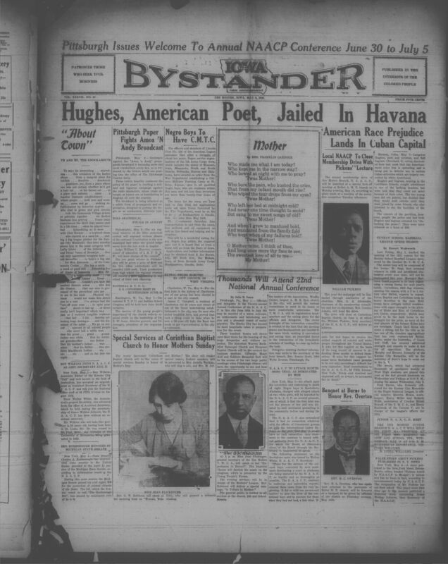 Contents include but are not limited to a wide range of news affecting African American communitites nationwide, including Roy Wilkin's appointment as Assistant Secretary of the NAACP, legislative advancements such as Senator Roxborough's civil rights bill in Michigan, and rising protest against the "Amos' 'n' Andy" broadcast. It cover major civil rights issues of the era, notably the NAACP's plans to challenges the Scottsboro Boys' death sentences, and highlights cultural and social events like church activities, Mother's Day programs, youth contests, and community club meetings. Additional local reports from Iowa towns detail church news, accidents, social gatherings, and organizational annoucements, painting a full picture of Black civic life, activism, and community engagement during the period.
