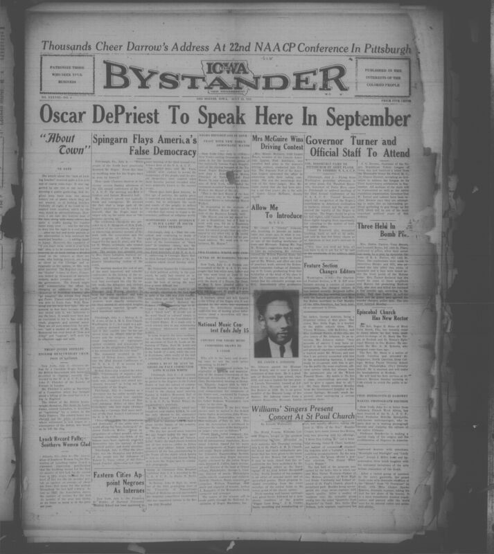 Contents include but are not limited to civil rights struggles, political developments, social events, and community news affecting African Americans across Iowa and the nation. Major articles cover Clarence Darrow's forceful speech at the NAACP conference in Pittsburgh, condemning racial discrimination especially segregation at public bathing beaches and urging equal rights for Black Americans. Other national stories highlight the Scottsboro trails as evidence of oppresive "Black laws", Theodore Roosevelt Jr.'s advocacy for full civic recognition of African Americans, and prominent Black Republicans praising New York's Democratic mayor for fair treatment. The paper also includes reports on political organizing in Iowa, cultural performance, church and club activities, graduations, local accomplishments, and numerous obituaries. Community concerns including discrimination at Des Moines swimming beaches and calls for stronger civic action, appear alongside advertisements, personal notices, and social columns that document the everyday life and resilience of Black residents during the early Depression era.