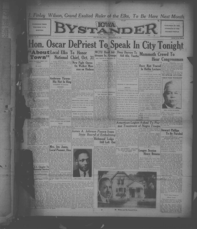 Contents include but are not limited to African American newspaper featuring extensive converage of Black community life, civil rights issues and national events. It reports on political developments such as Alderman Louis Anderson's bid to challenge Congressman Oscar De Priest, the only Black member of Congress at the time, and highlights community achievements like James A. Jonhson becoming the first Black Iowan since 1917 to pass the state emblaming exam on his first attempt. The paper detailes social events, church programs, obituaries, and local club activities, along with national news on discrimination in the military, appeals to maintain historic Black regiments, debates about integrating university dormitories, and updates on the Scottsboro case. It also includes human interest stories, advertisements household advice columns, and serialized articles on topics like dog training and an expose on conditions in Liberia, reflecting both everyday life and the broader fight for equality within Blak America in the early 20th century.