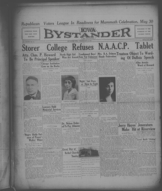 Contents include but are not limited to African American communities in Iowa and across the U.S., including political organizing, civil rights struggles, and local achievements. Major stories highlight the upcoming Republican Voters League meeting in Des Moines, the continued national attention on the Scottsboro case, and controversey at Storer College where trustees refused a John Brown memorial tablet authored by W.E.B. Du Bois, prompting a fiery public speech from him. The paper also reports on cultural accomplishments such as Cornelia Leonard's national art contest award, community events from the Iowa Federation of Colored Women's Clubs, church activities, local enterntainment, and social club gatherings. Additional articles discuss economic challenges like the temporary closure of the Douglass National Bank in Chicago, national political commentary on the power of the Black vote, updates on veterans' affairs, and numerous political advertisements reflecting election year campaigning. Overall, the issue provides a dense snapshot of Black civic life, struggle, culture, and politics during the early Depression era.